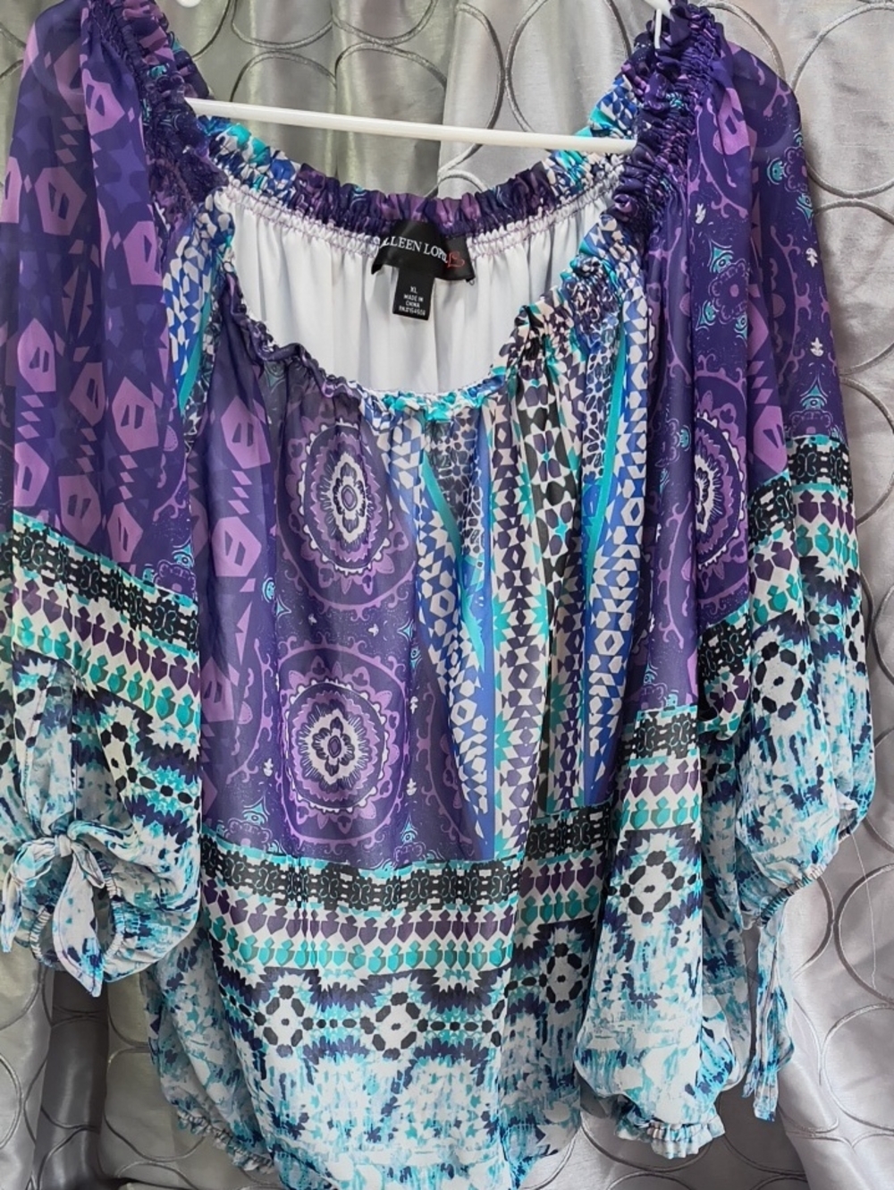 Colleen Lopez Purple & Teal Patterned Off-Shoulder Tunic Size XL AH